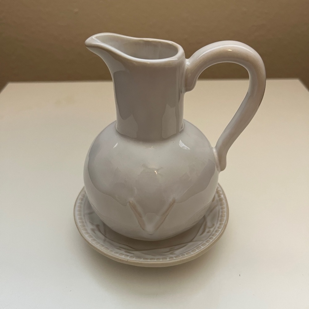 Pottery Barn Artisan White Creamer With Handle and Saucer 4”x5”